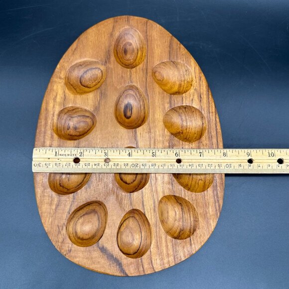 Vintage Deviled Egg Tray Plate Teak Wood Oval 12 Egg Holders Mid Century Kitchen - Picture 7 of 7